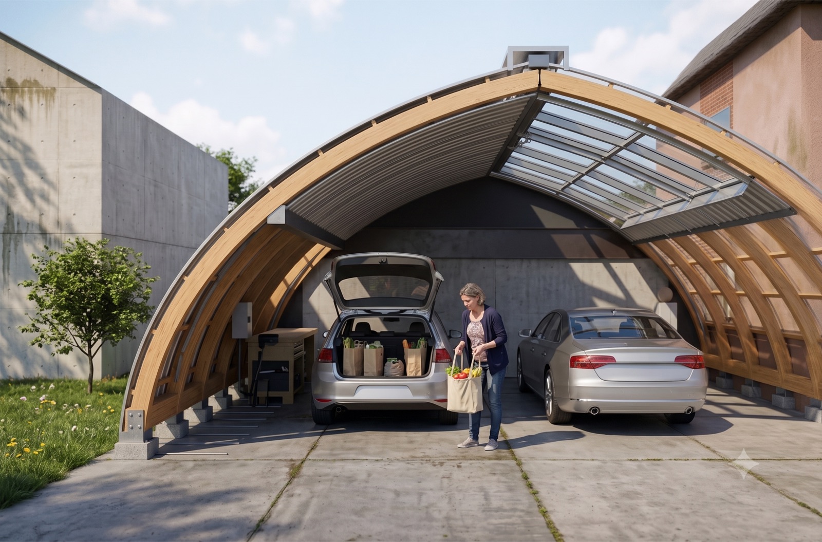 A free-standing DrivePhab over a driveway with two cars parked side by side, timber ribs curving overhead, the near flank infilled with solid timber and the far slope glazed