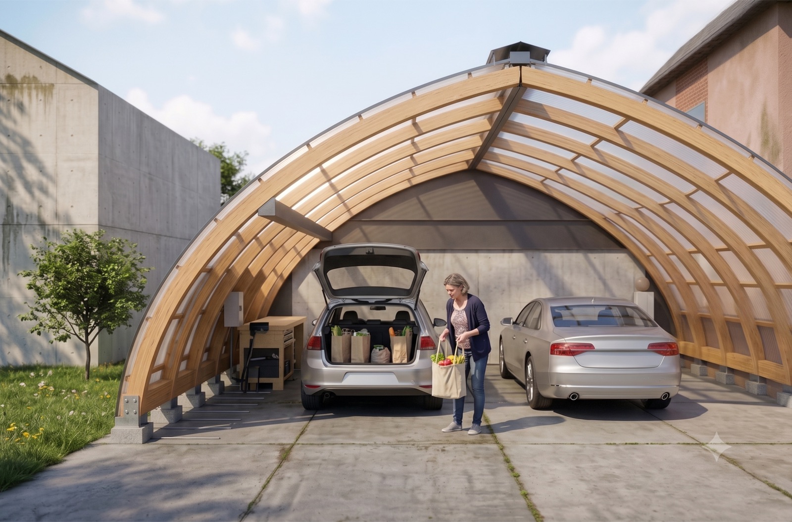 The same free-standing DrivePhab with the shell glazed further round on both sides, the timber ribs reading through the translucent panels
