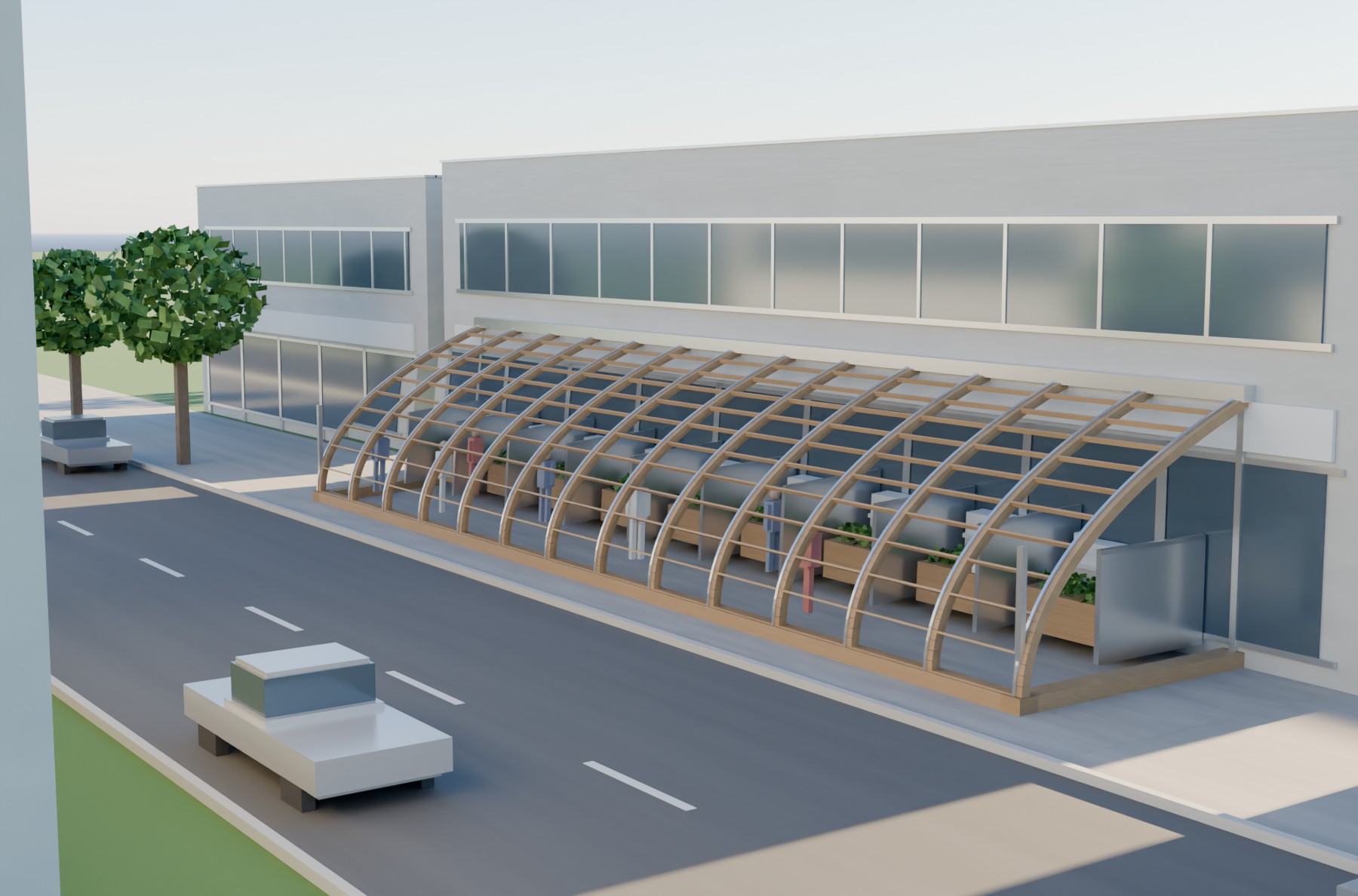 A long half-arch along a commercial frontage, divided into nine vendor bays with counters, produce and shoppers