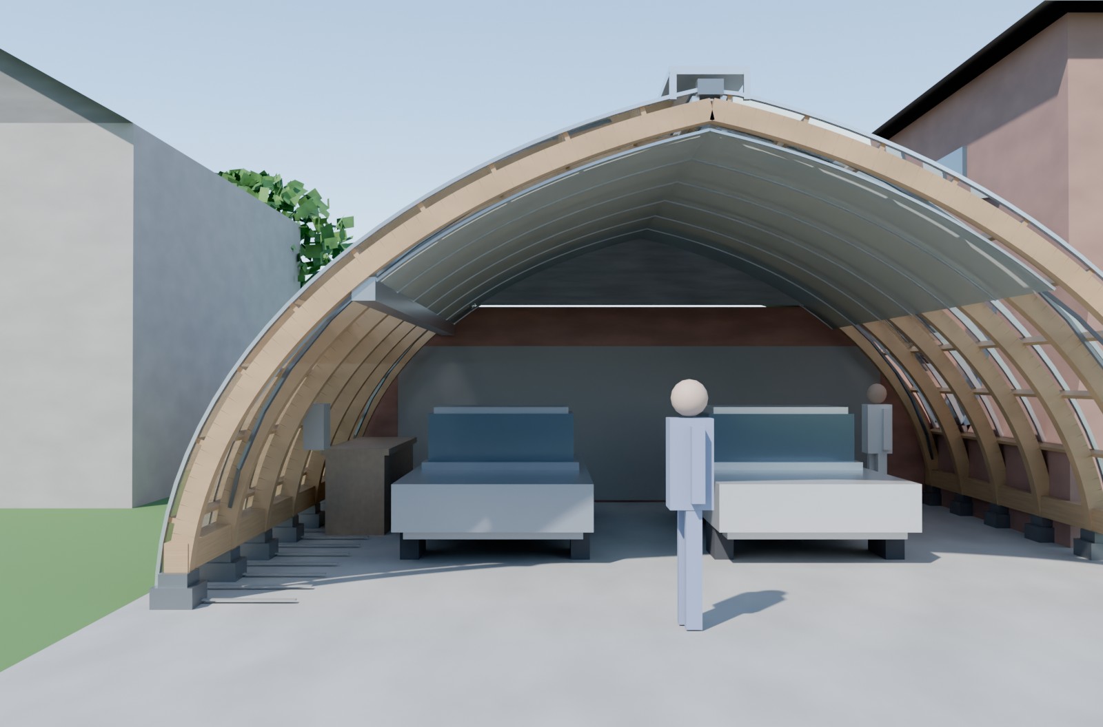 Looking down a driveway into the open end of a DrivePhab: a timber-ribbed polycarbonate arch sheltering two cars parked side by side