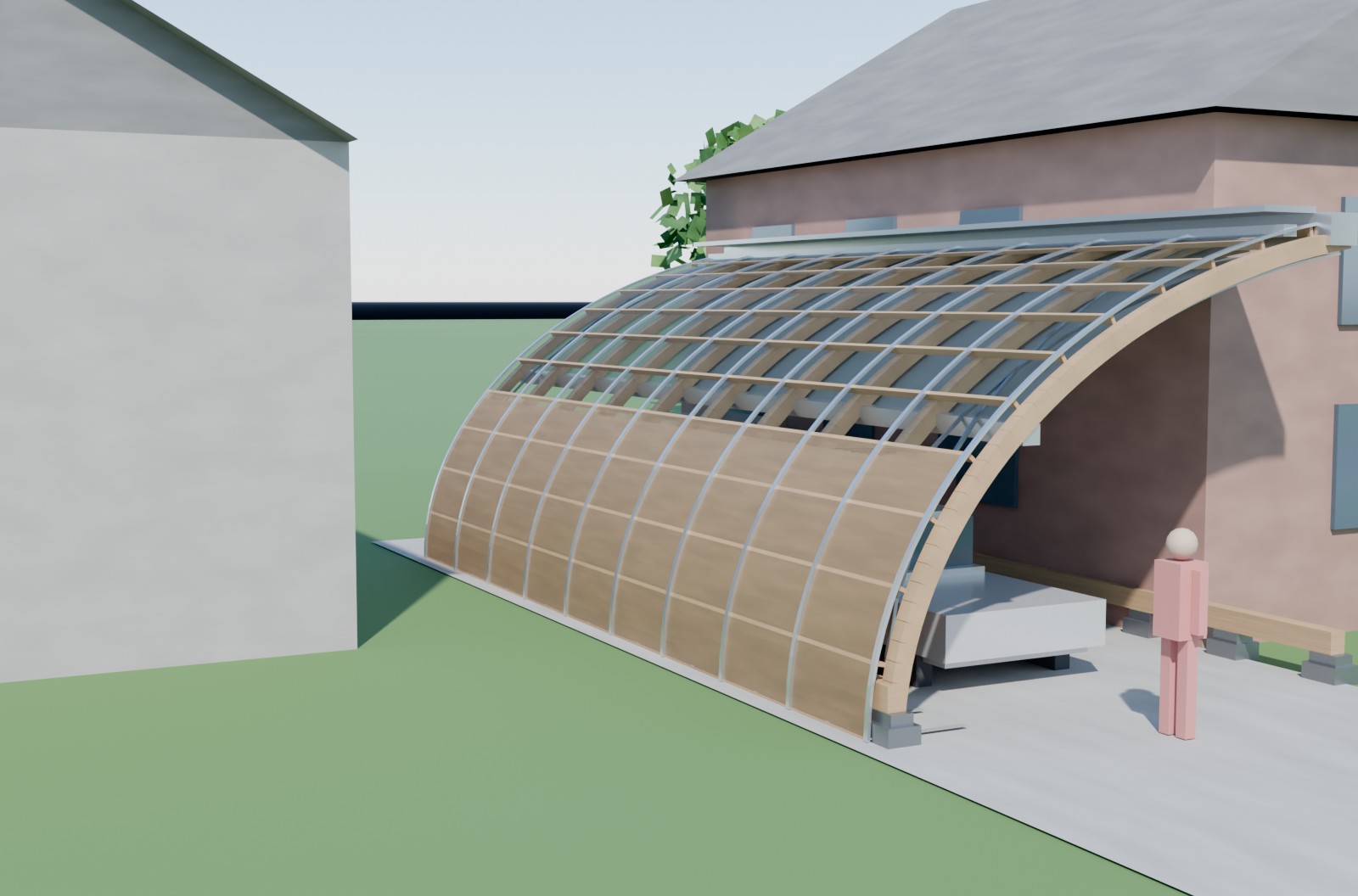 A half-arch DrivePhab running along the side of a house, solid timber cladding on the property-line side and glazing above