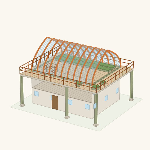 RoofPhab — a flat structural roof deck with a greenhouse arch over part of it