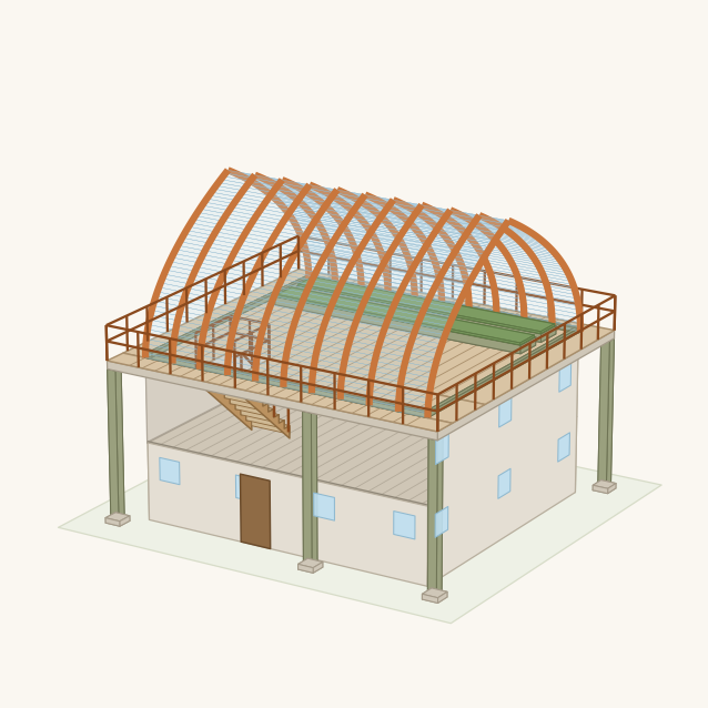 Cutaway of an enclosed RoofPhab: the same full-span glazed arch, with the roof deck reaching only far enough past the walls to form a narrow walkway around the glass