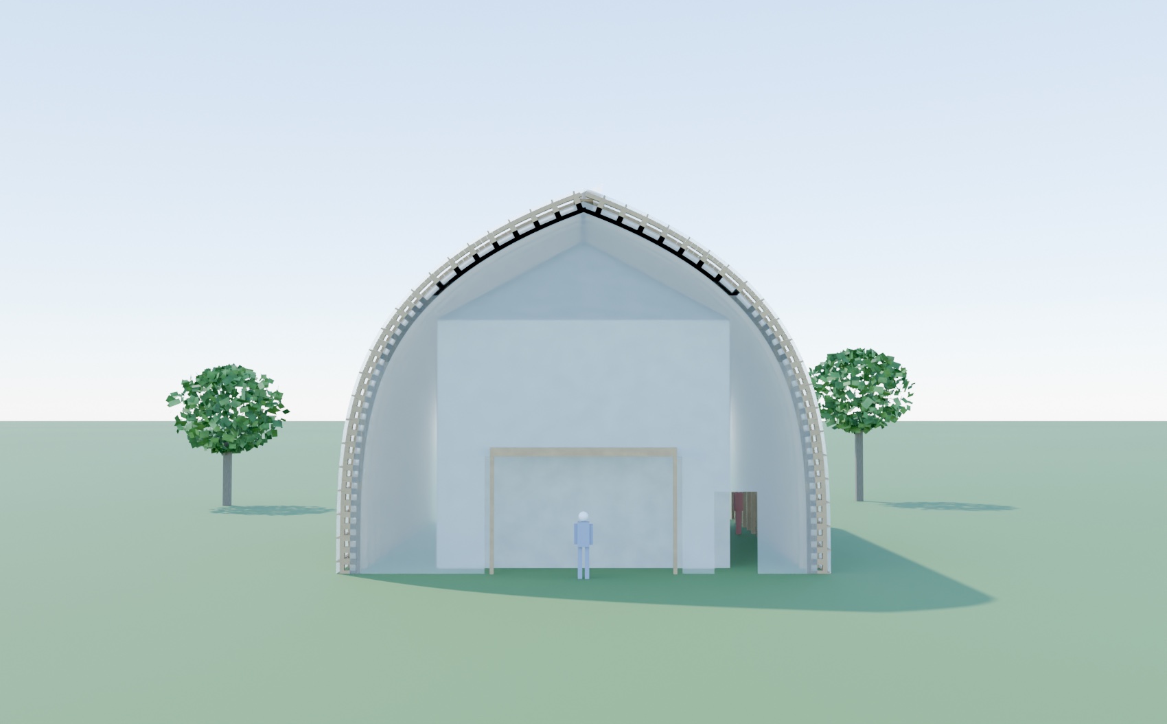 Model view of a Solarship from the end: the arch springs from the ground on both sides and rises to a point, with the gable end of an ordinary house standing inside it and a person at the doorway for scale