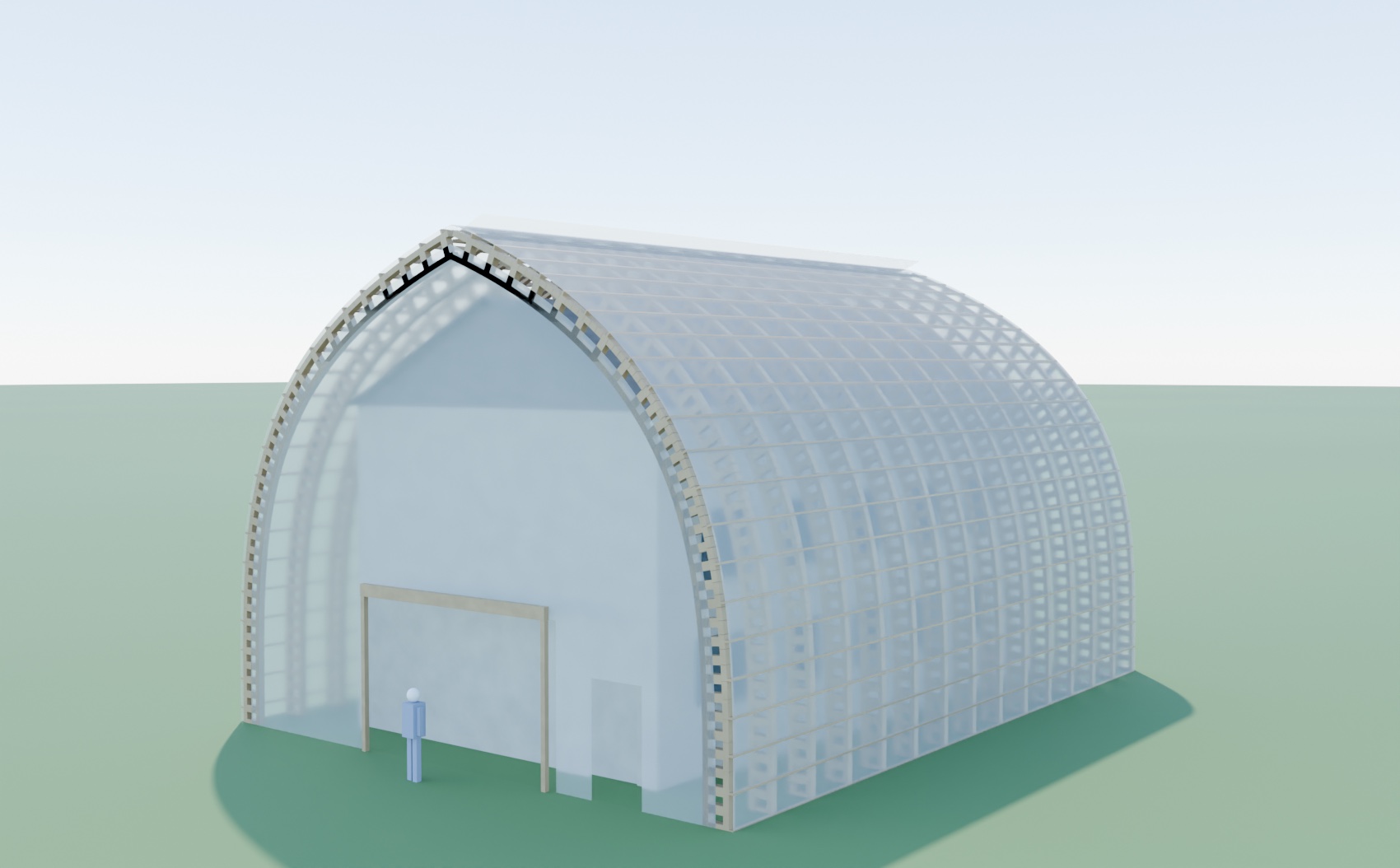 A Solarship — a free-standing glazed arch enclosing a whole house, with the timber ribs reading through the polycarbonate